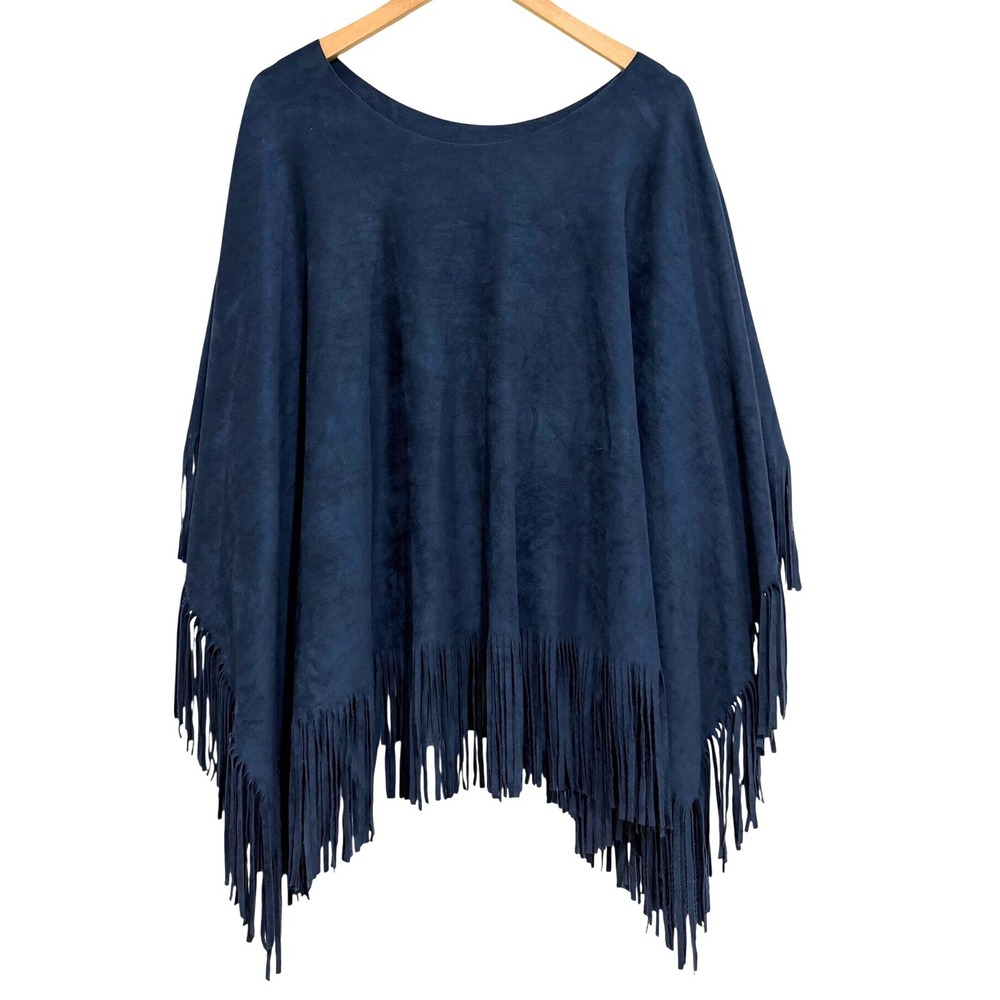 2 Chic Navy Blue Faux Suede Fringe Poncho One Size Boho Festival Cape Wrap